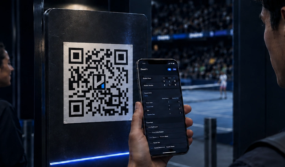 A sports venue entrance with a Hosted Coverage QR code displayed at the entrance.