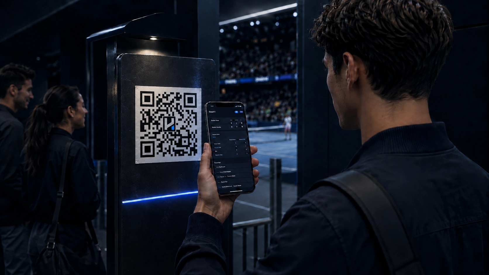 A person scanning a venue QR code that opens Hosted Coverage on a phone.