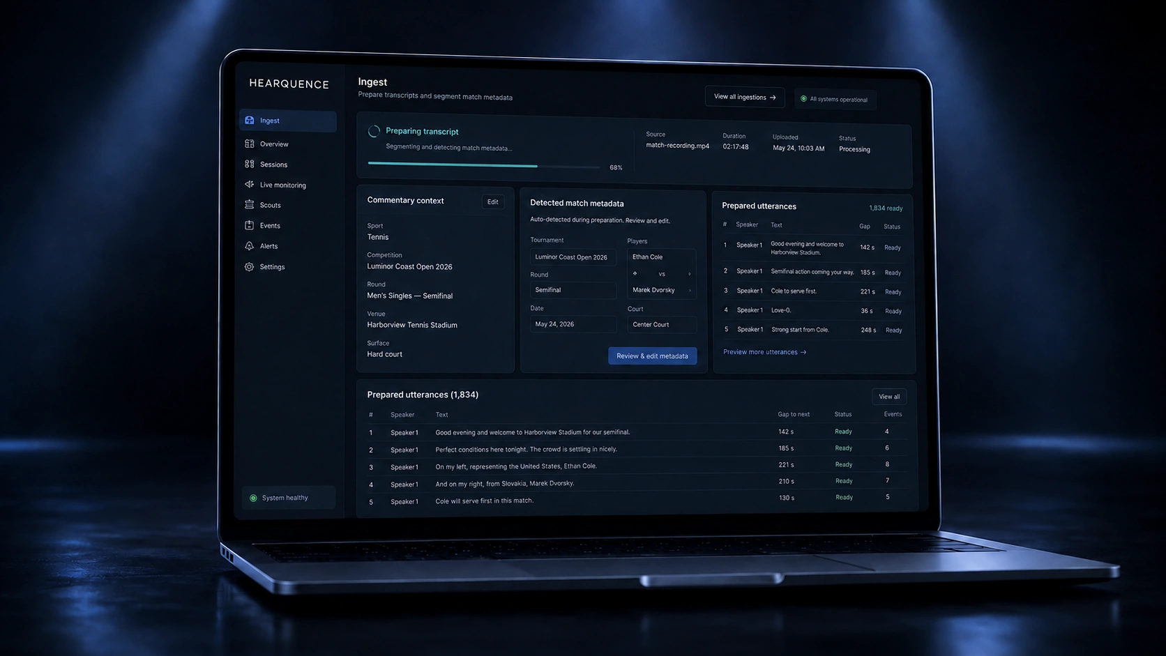 The Hearquence Ingest module showing generated utterances ready to review and confirm.