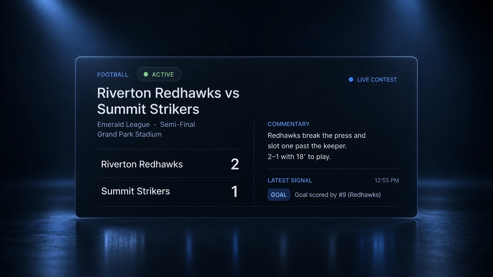 The Hearquence Live hub showing a match combining session, score and commentary.