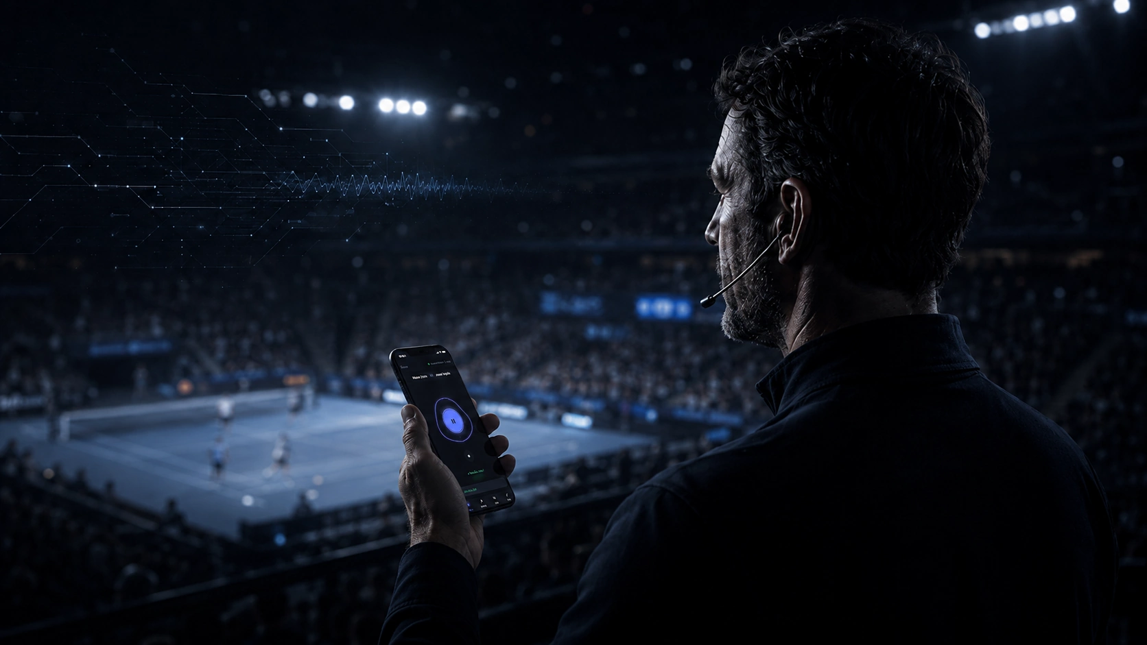 A scout in the stands holding a phone running the Hearquence Scout app during a live match.